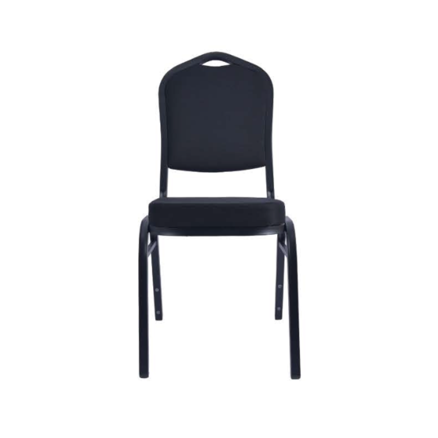 A black fabric-upholstered folding chair with a metal frame, shown from the front against a plain white background.