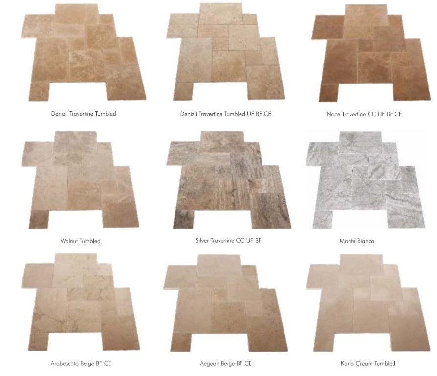 Natural stone pattern sets: Denizli, Noce, Walnut, Silver, Monte Bianco, Arabescato, Aegean and Karia