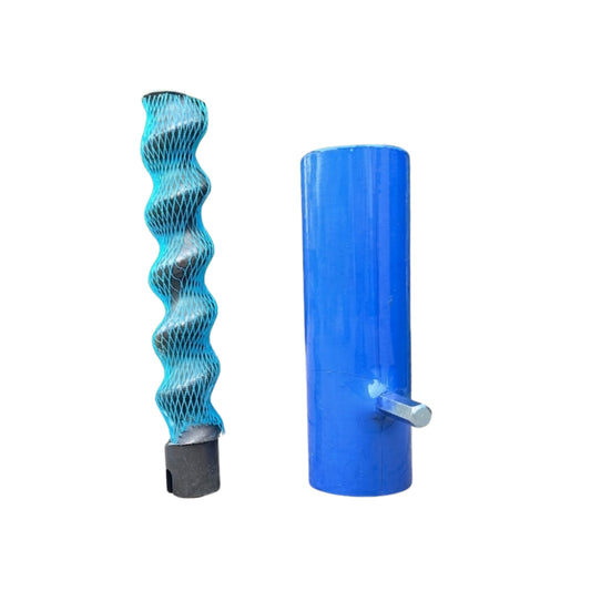 Two industrial filter elements on a white background: a blue mesh spiral cartridge and a blue cylindrical canister with a small metal fitting.
