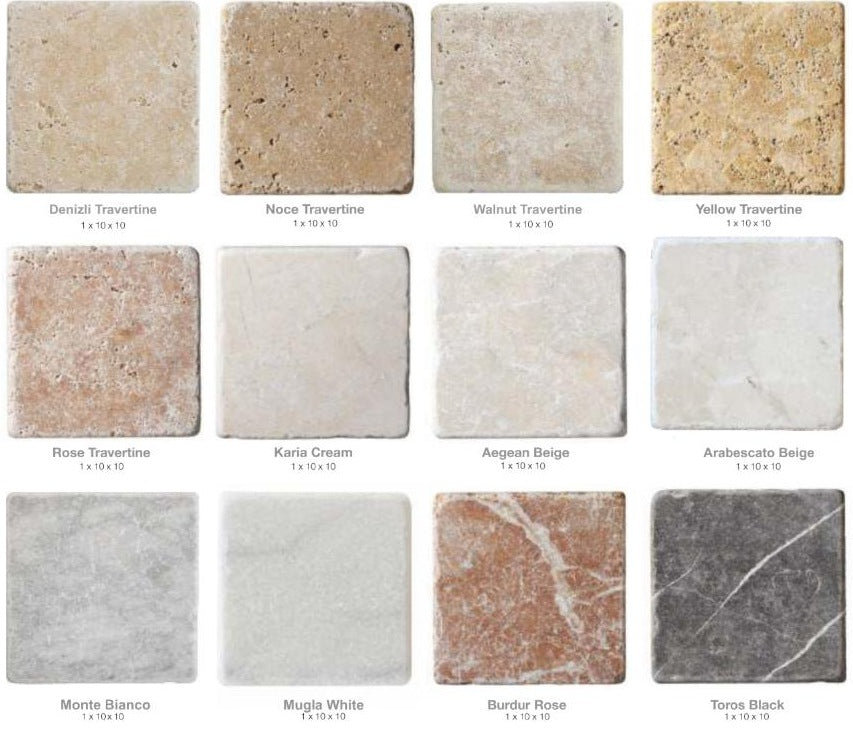 Tumbled natural stone tiles 10 x 10 cm: twelve material selections
