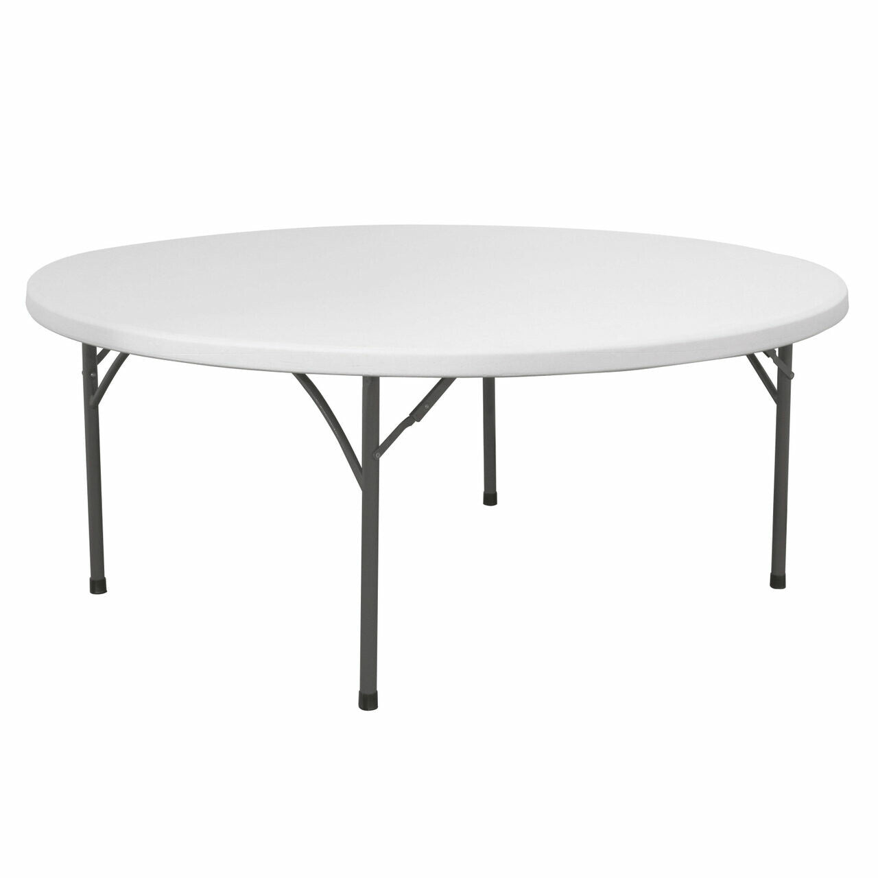 Round white plastic folding table on a white background