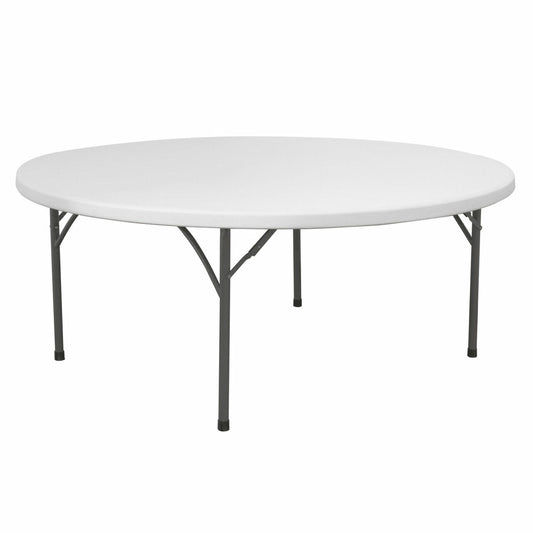 Round white plastic folding table on a white background