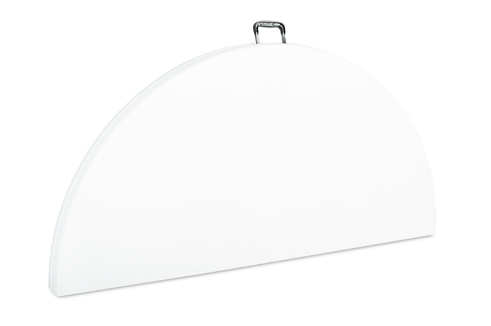 A white semi-circular folding table top with a metal hanging loop at the top, shown on a plain white background.