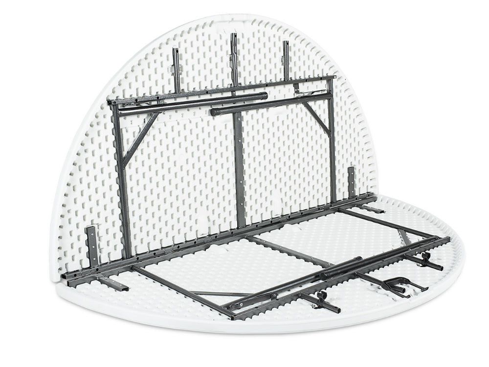 A white semi-circular table with a black metal frame and mounting brackets, shown on a plain white background.